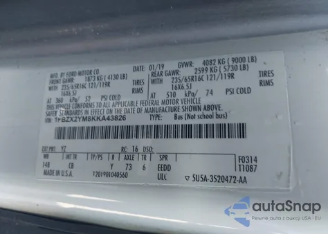 2019 Ford Transit-350 Xlt из США, поврежденный, VIN 1FBZX2YM8KKA43826